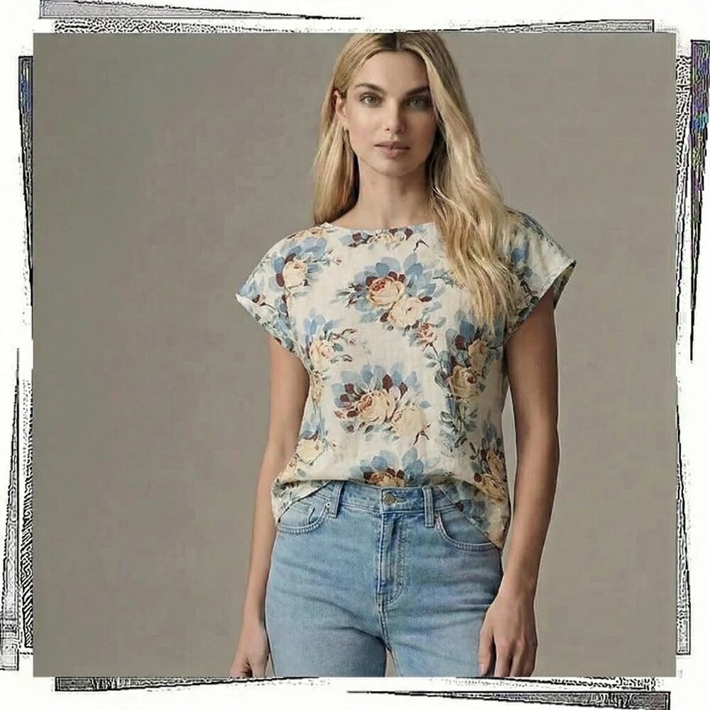 Retro Inspired Cream & Blue "Finding Roses" Floral Linen Tie Back Top (4) Odille